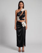 Orchid Embroidered Appliqué Draped Maxi Skirt - Black