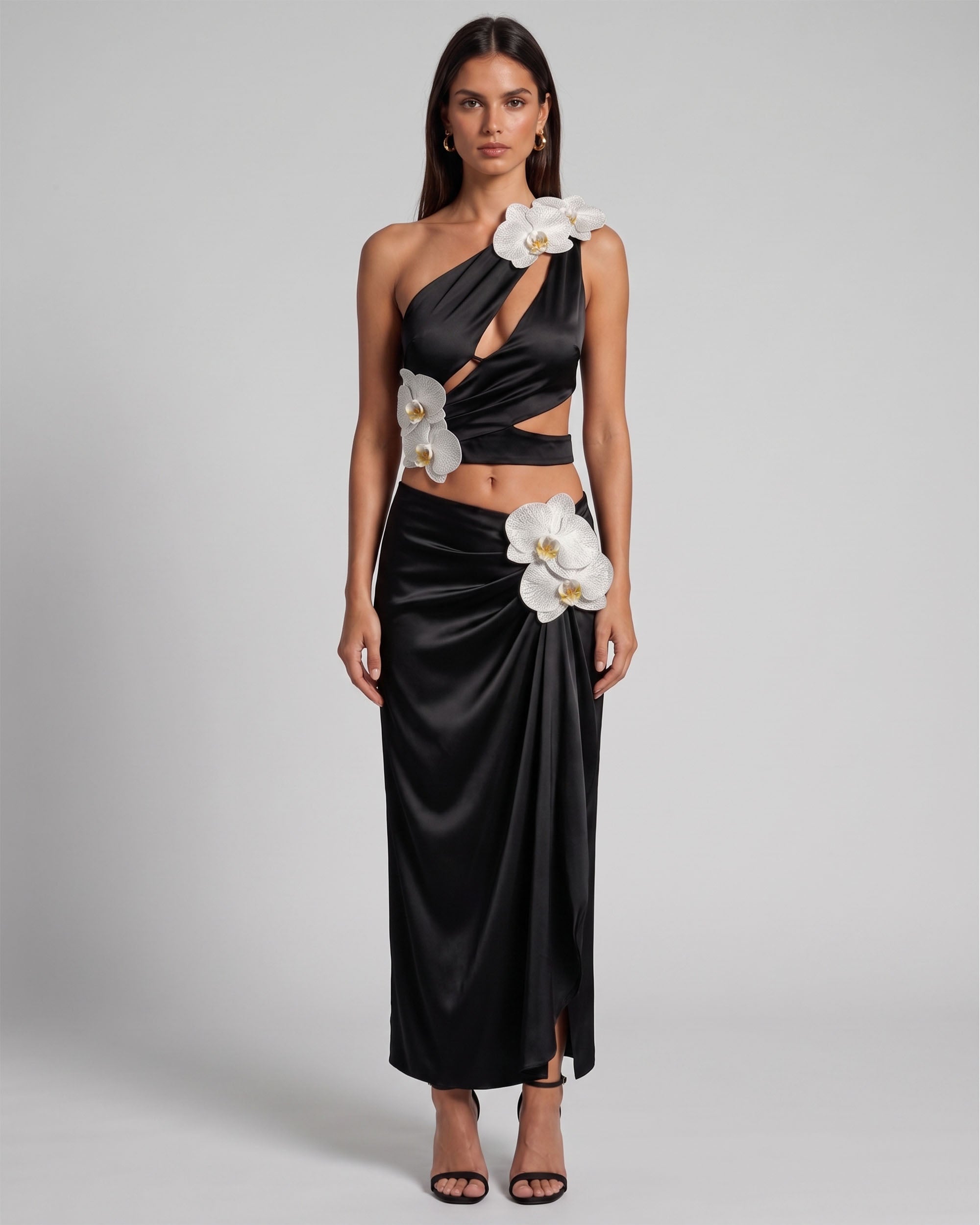 Orchid Embroidered Appliqué Draped Maxi Skirt - Black