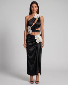 Orchid Embroidered Appliqué Draped Maxi Skirt - Black