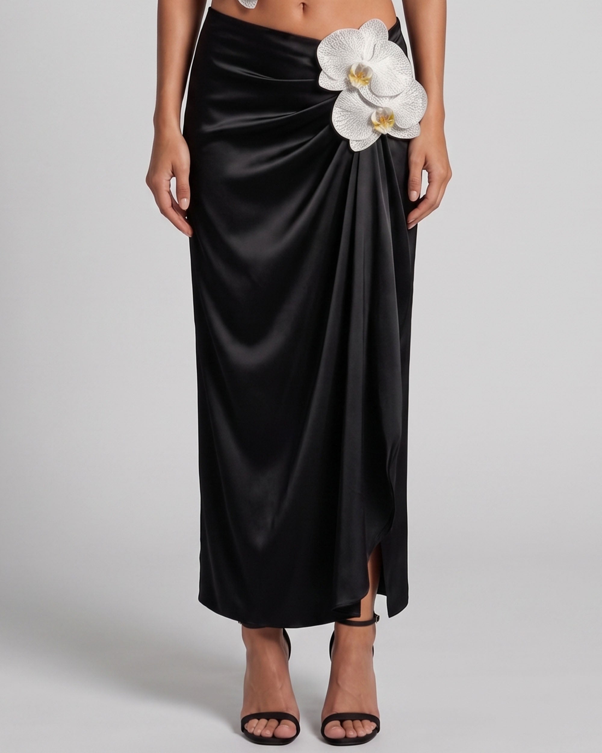 Orchid Embroidered Appliqué Draped Maxi Skirt - Black