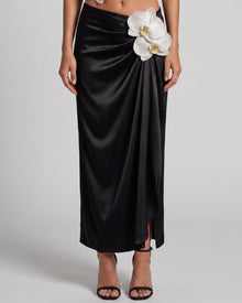 Orchid Embroidered Appliqué Draped Maxi Skirt - Black