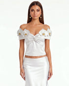 Orchid Embroidered Appliqué Off-Shoulder Twist Top - White