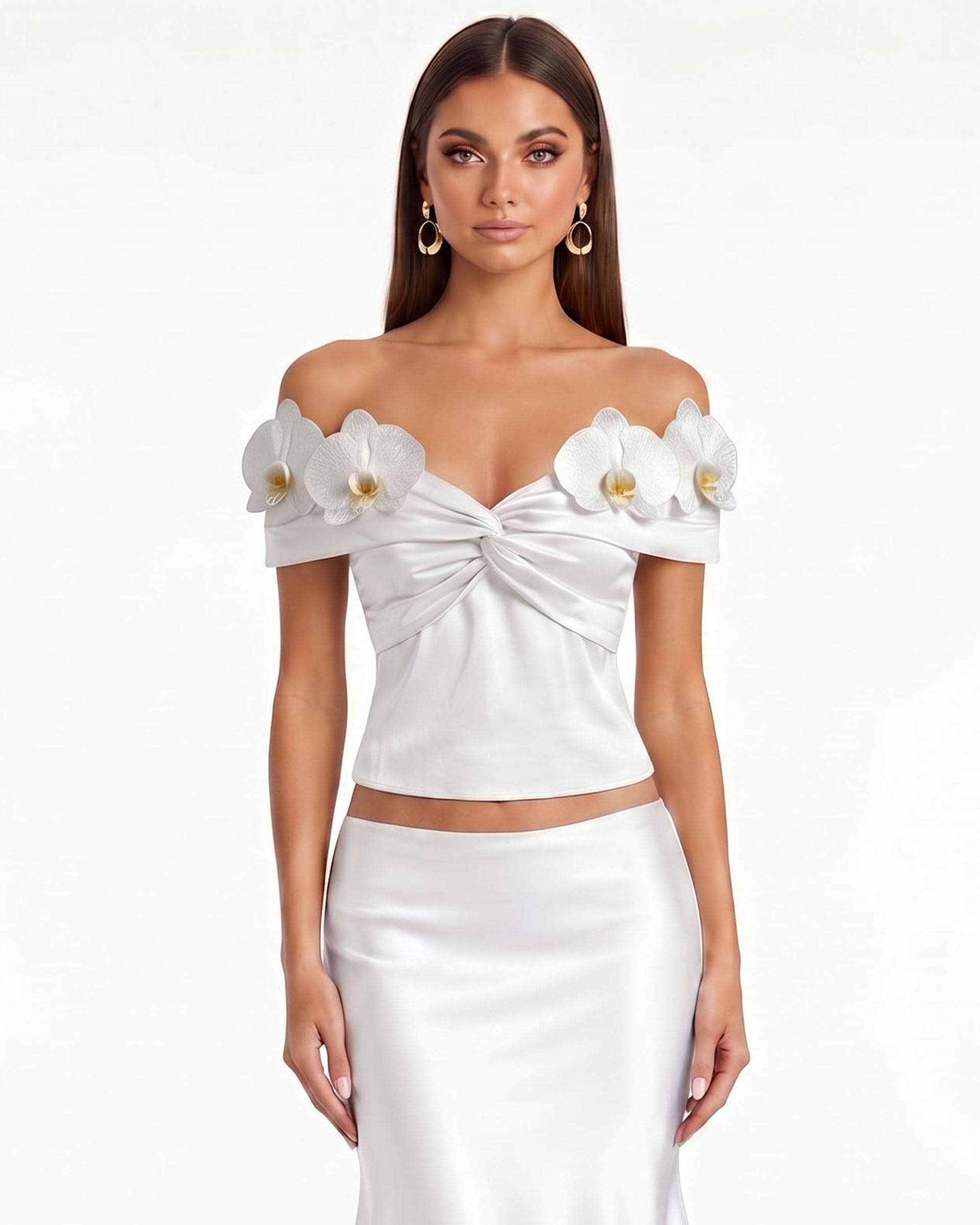 Orchid Embroidered Appliqué Off-Shoulder Twist Top - White