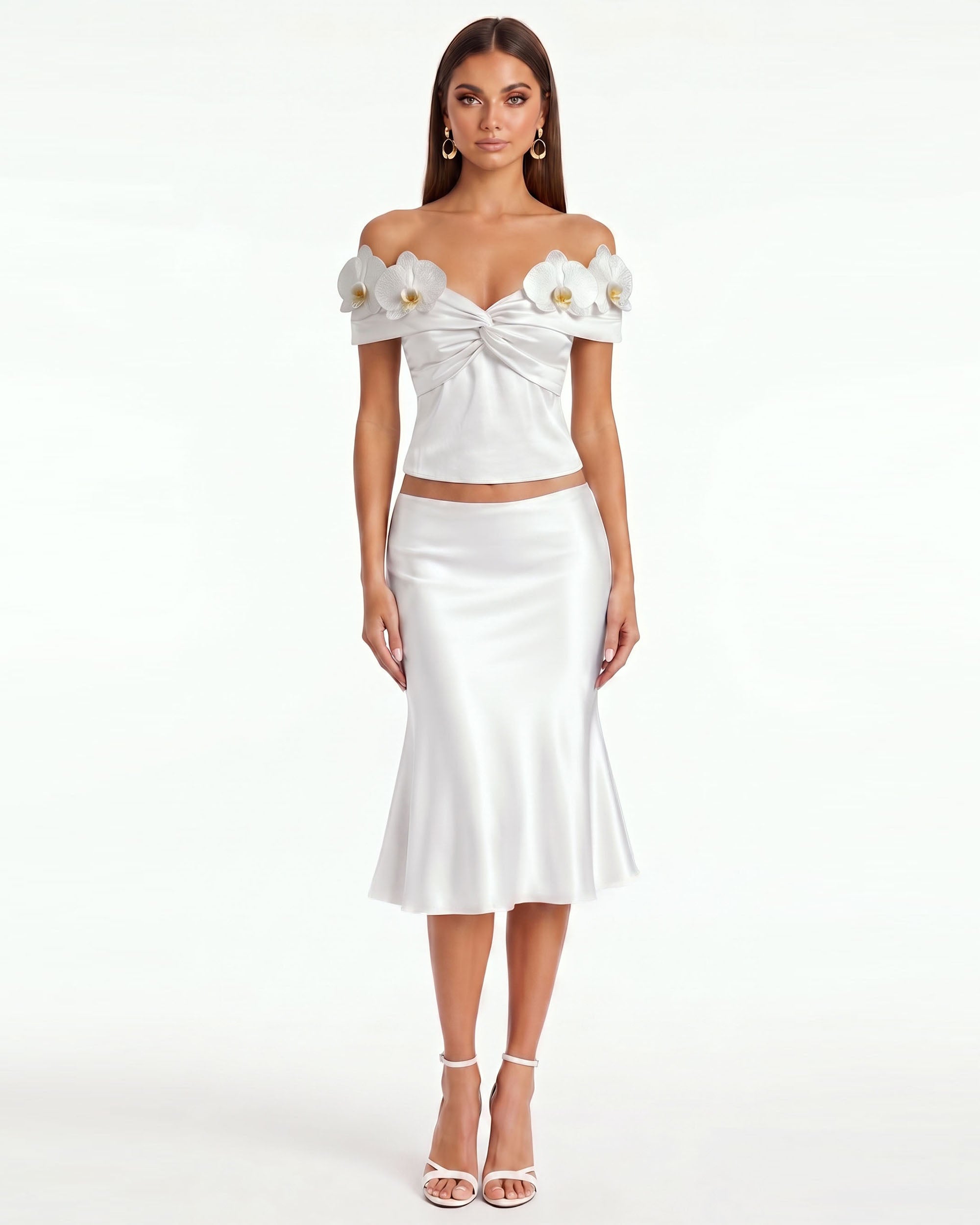 Orchid Embroidered Appliqué Off-Shoulder Twist Top - White