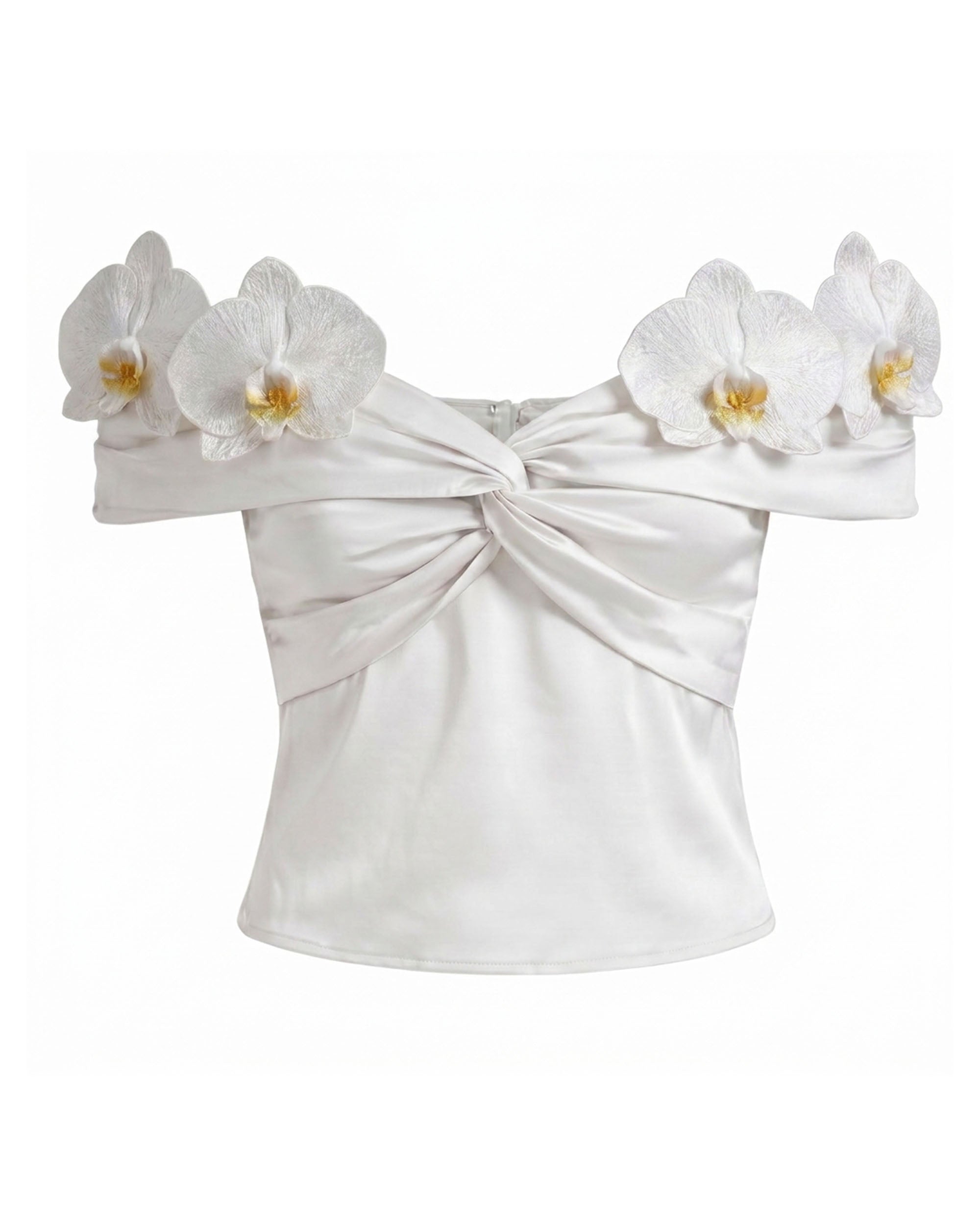Orchid Embroidered Appliqué Off-Shoulder Twist Top - White