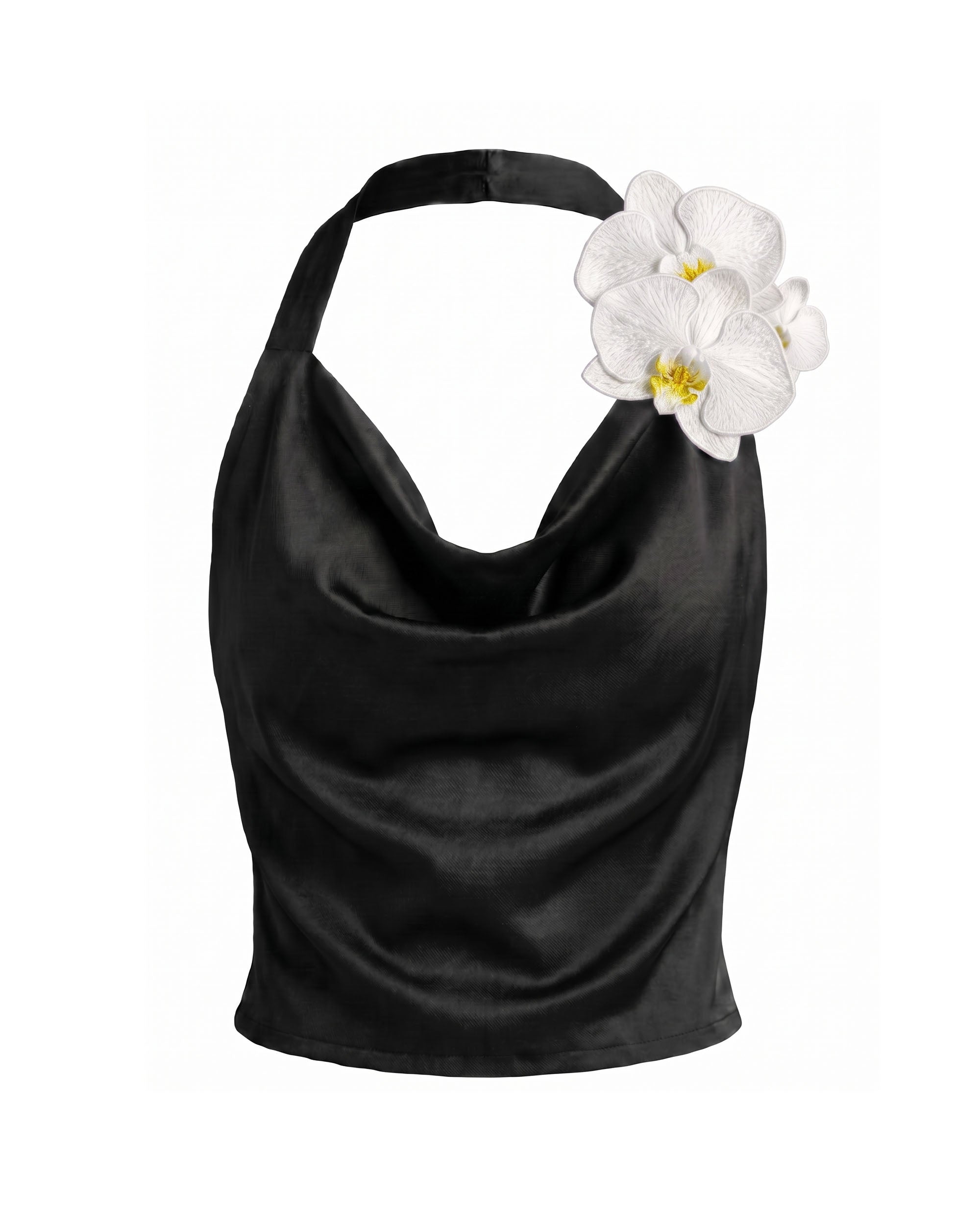 Orchid Embroidered Appliqué Cowl Halter Top - Black