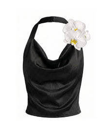 Orchid Embroidered Appliqué Cowl Halter Top - Black