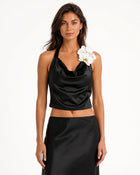 Orchid Embroidered Appliqué Cowl Halter Top - Black
