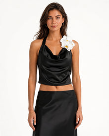 Orchid Embroidered Appliqué Cowl Halter Top - Black