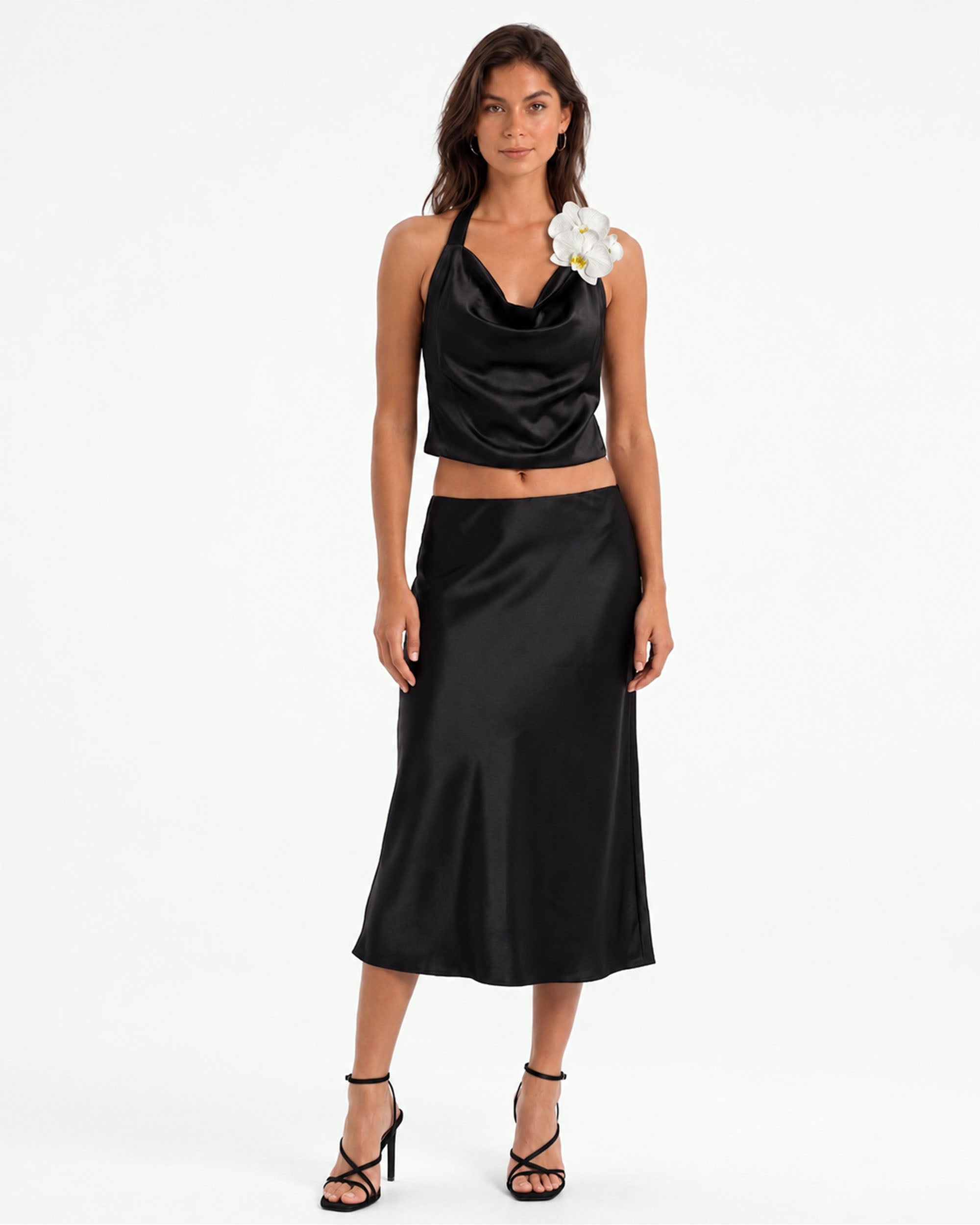 Orchid Embroidered Appliqué Cowl Halter Top - Black