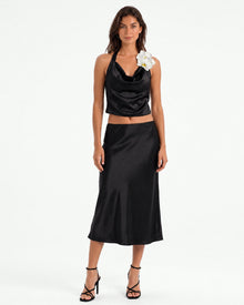 Orchid Embroidered Appliqué Cowl Halter Top - Black
