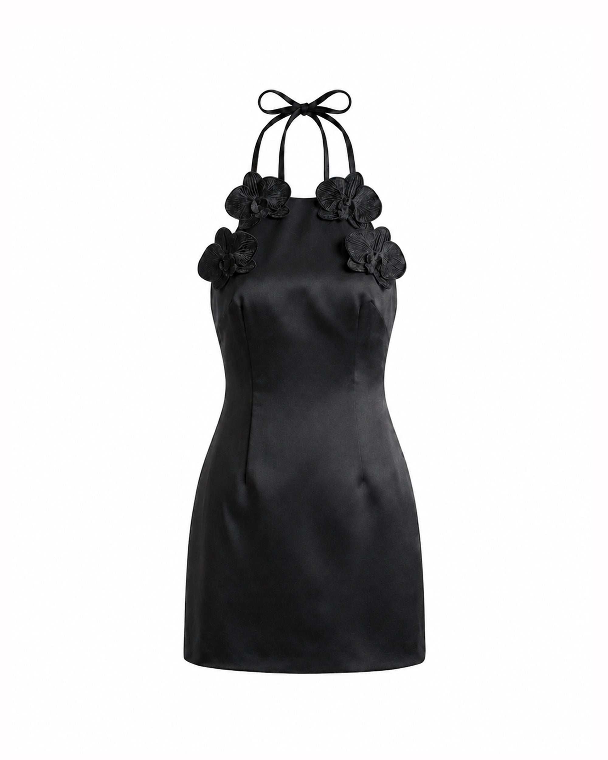 Orchid Embroidered Appliqué Halter Mini Dress - Black