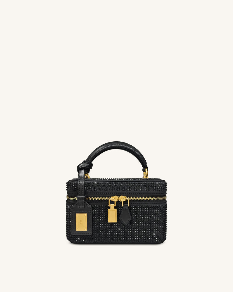 Cleo Artificial Crystal Box Shape Top Handle Bag - Black