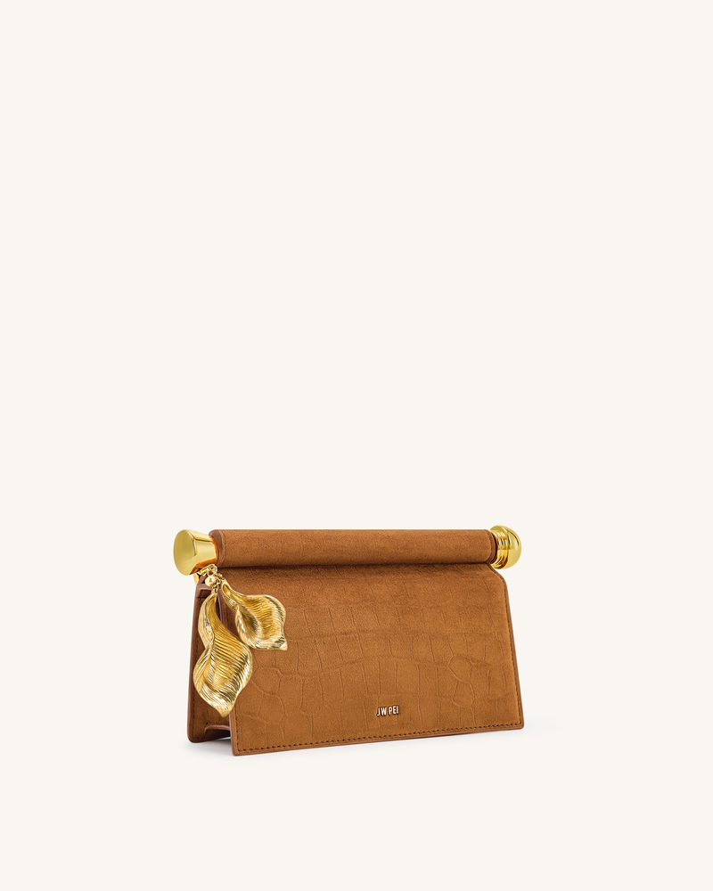 Holly Faux Suede Metal Pendant Embellished Clutch - Brown