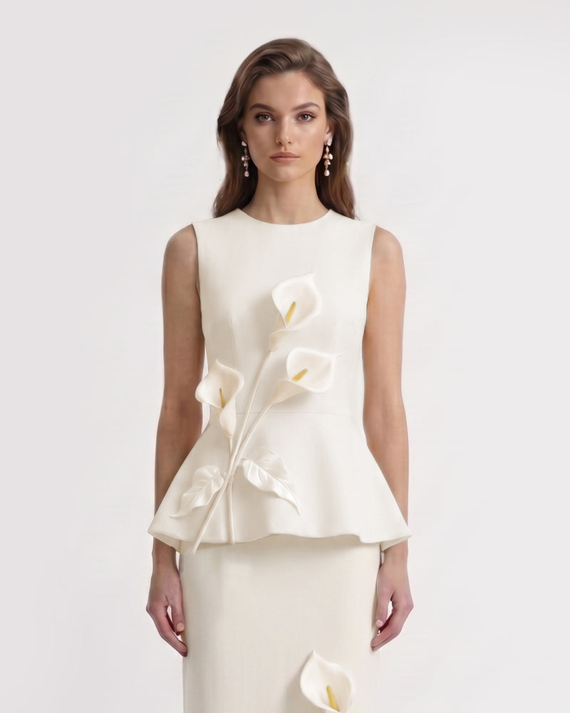 Floral Appliqué Sleeveless Peplum Top - Ivory