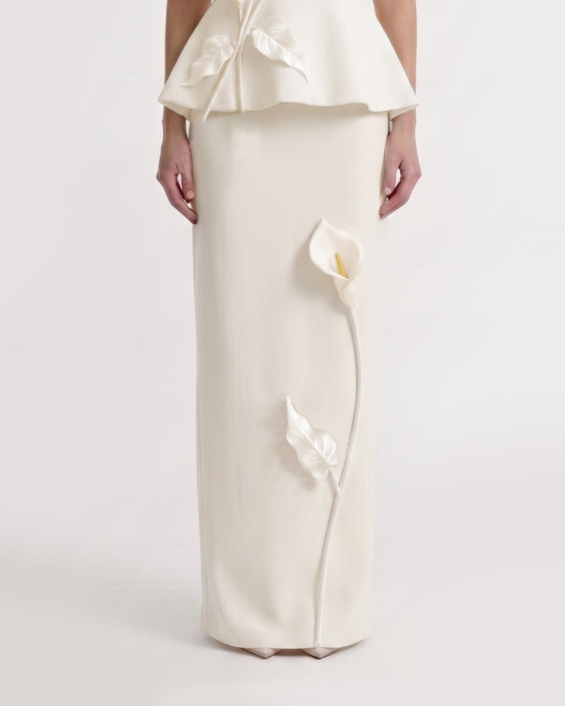 Floral Appliqué Column Maxi Skirt - Ivory