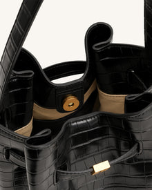 Clara Lock Accent Bucket Shoulder Bag - Black Croc