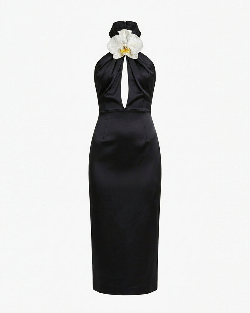 Orchid Embroidered Halter Midi Dress - Black