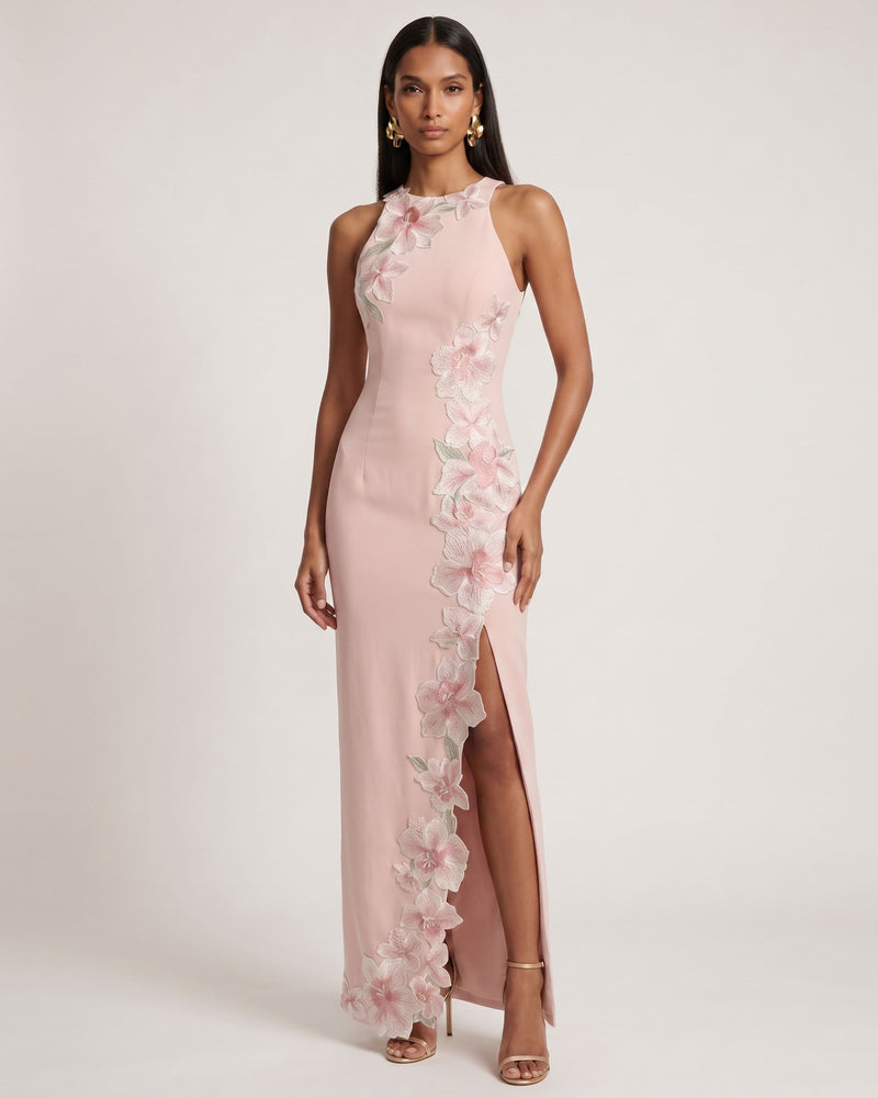 Flower Embroidered Halter Maxi Dress - Blush Pink