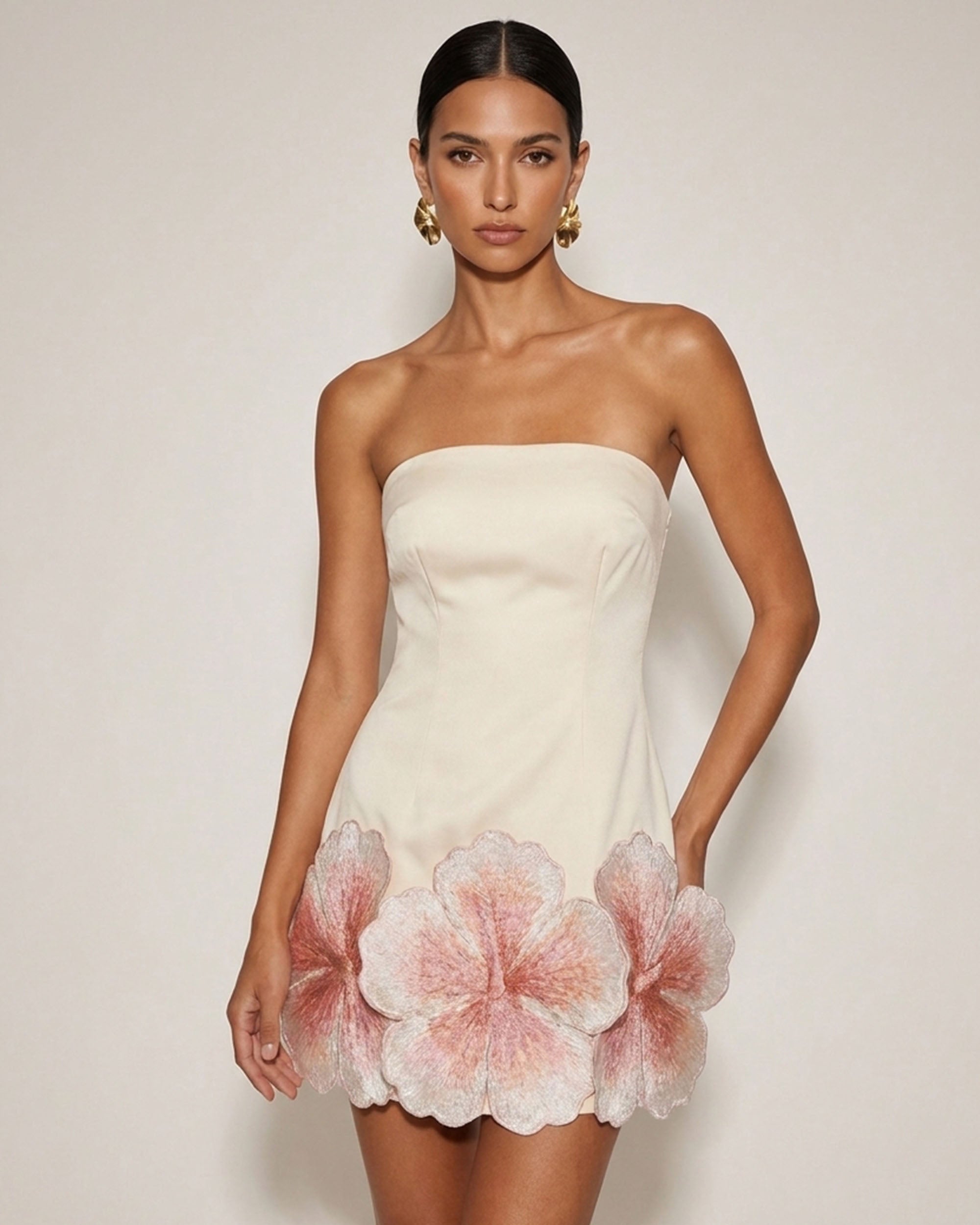 Hibiscus Embroidered Scalloped Mini Dress - Ivory