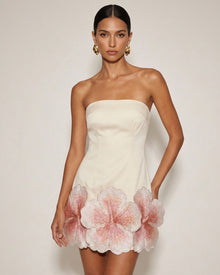 Hibiscus Embroidered Scalloped Mini Dress - Ivory