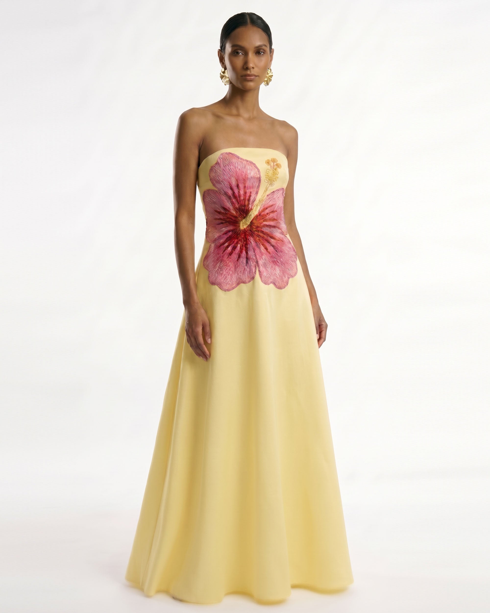 Hibiscus Embroidered Bandeau Maxi Dress - Yellow