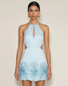 Embroidered Cutout Halter Mini Dress - Blue