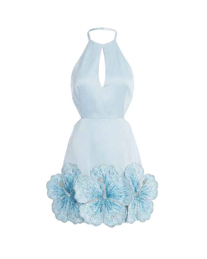 Embroidered Cutout Halter Mini Dress - Blue