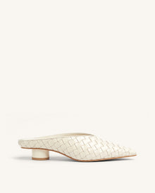 Helena Woven Textured Pointed Toe Mules - Beige