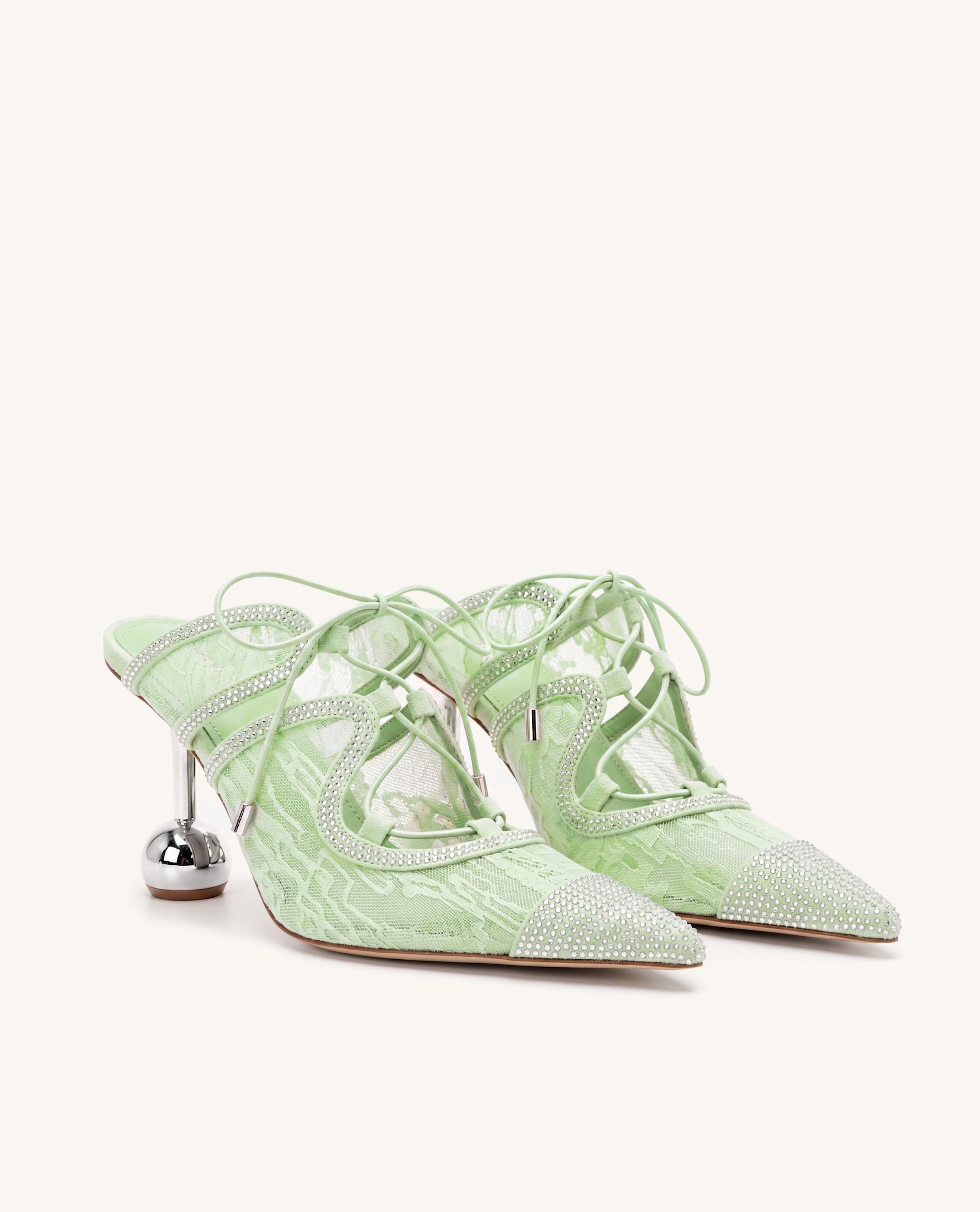 Sofia Lace Bow Mule Heels - Nile Green