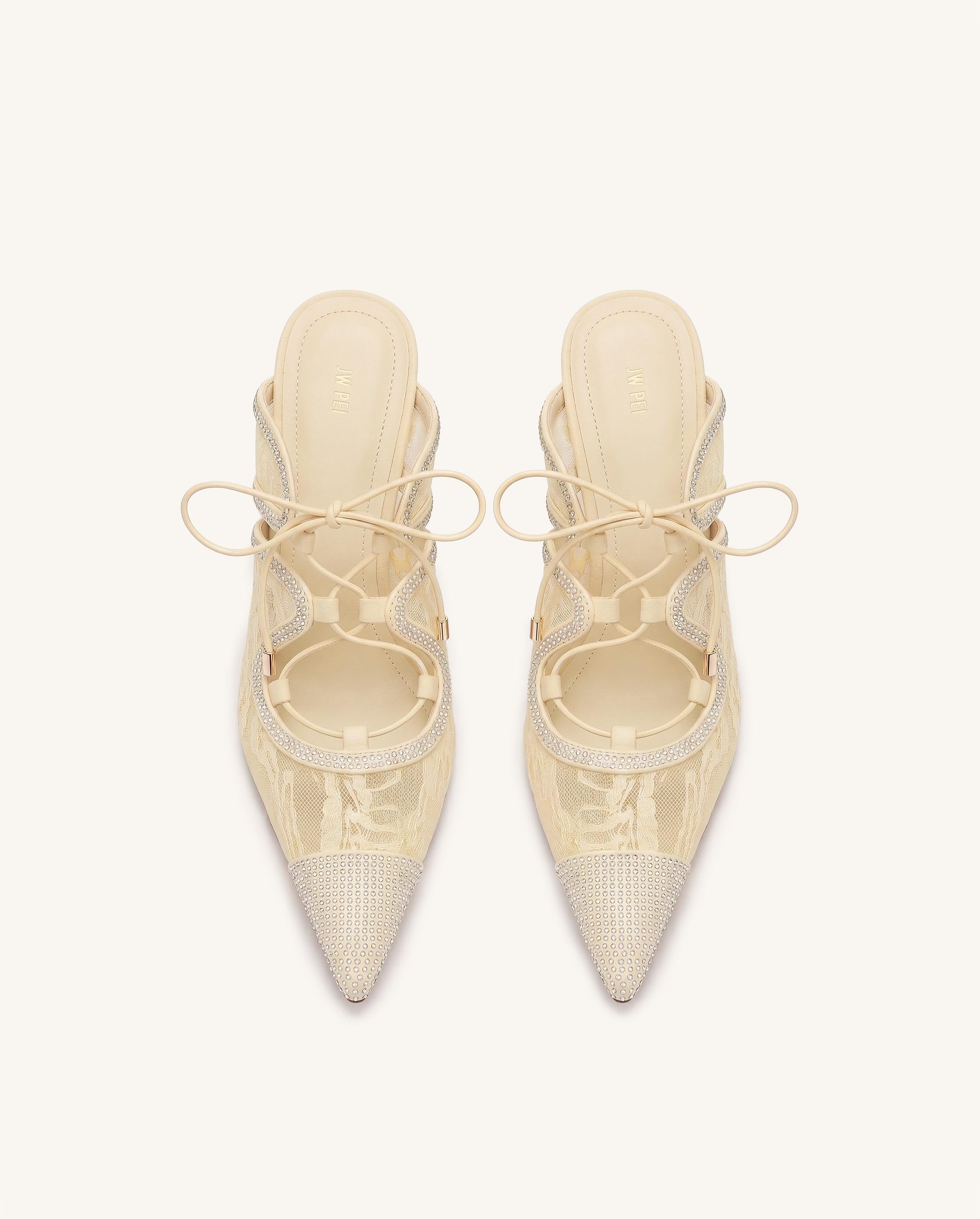 Sofia Lace Bow Mule Heels - Khaki