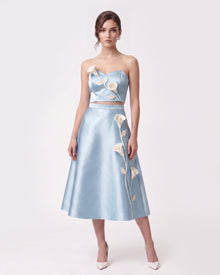 Floral Appliqué Satin Crop Top - Light Blue