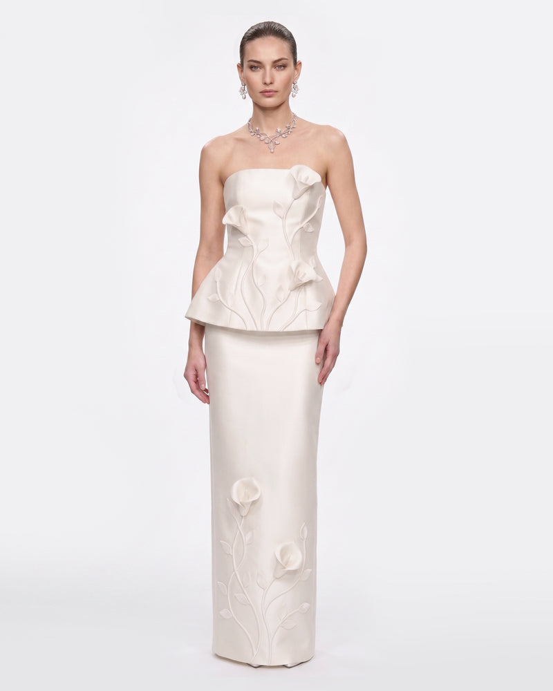Floral Appliqué Vine Maxi Skirt - White