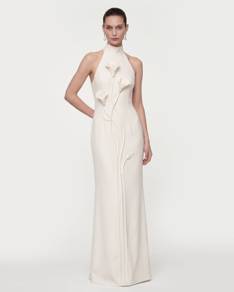 Floral Appliqué Vine Halter Maxi Dress - White