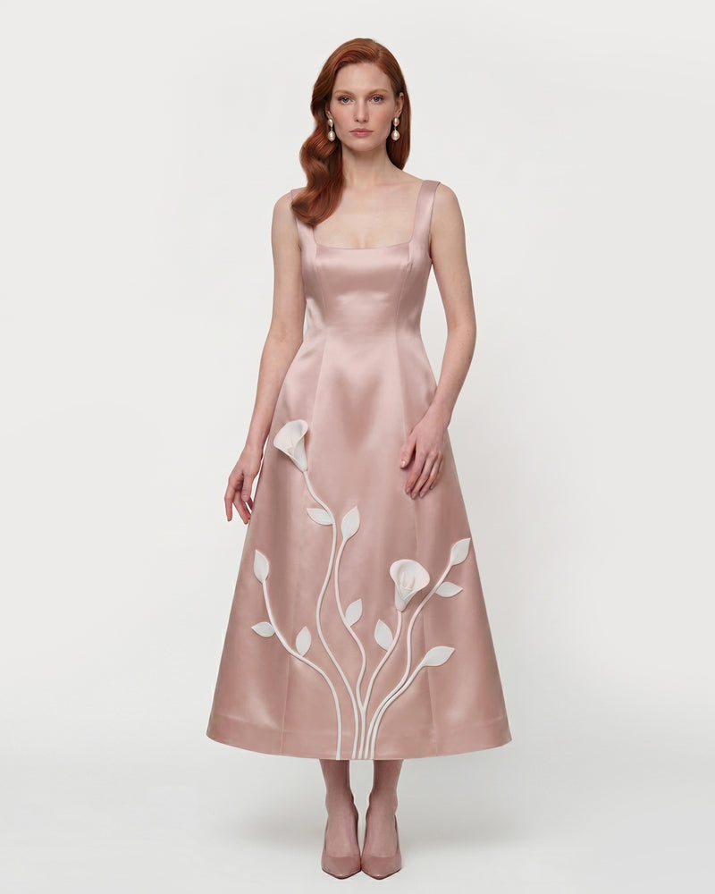 Floral Appliqué Square Neck Midi Dress - Blush Pink