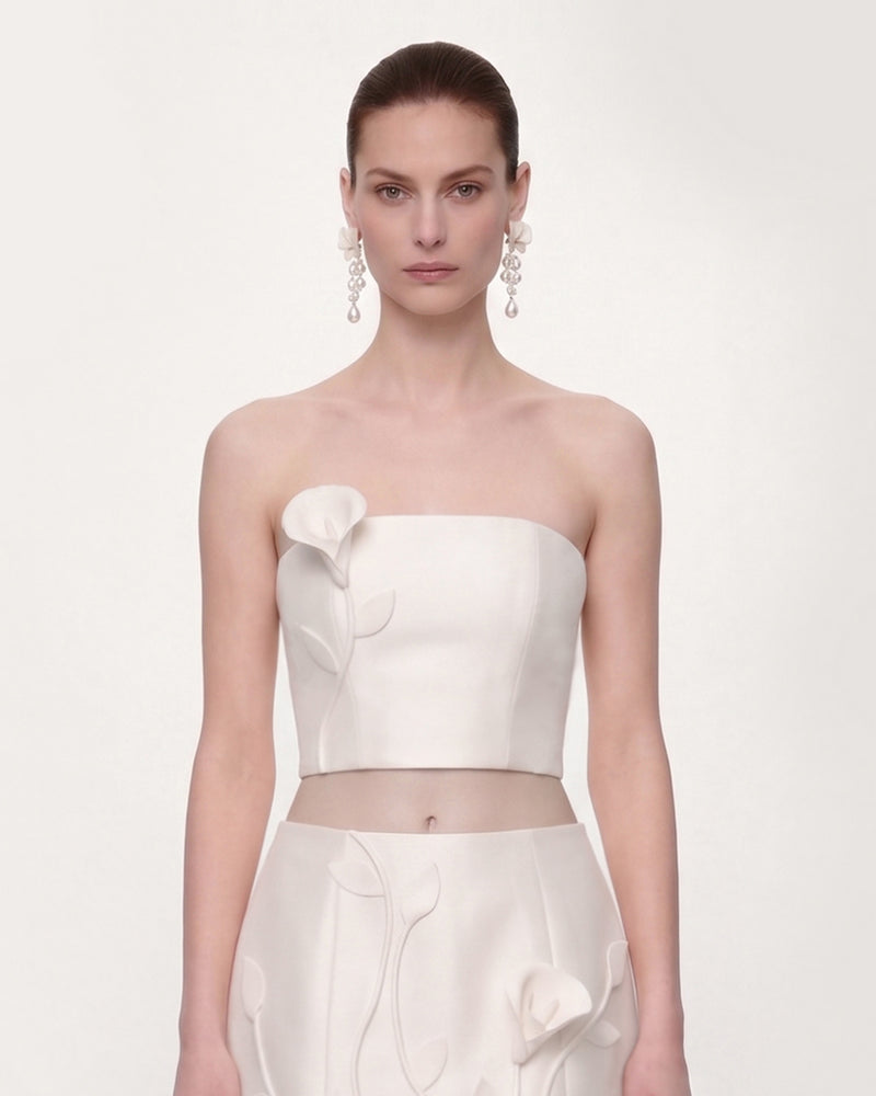 Floral Appliqué Strapless Crop Top - White