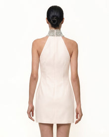 Jeweled Halter Iris Motif Dress - Ivory/Pink