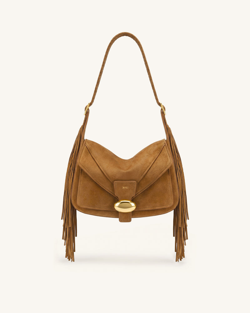 Avery Fringe Faux Suede Shoulder Bag - Brown