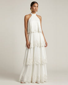 Orchid Embroidered Tiered Halter Maxi Dress - White