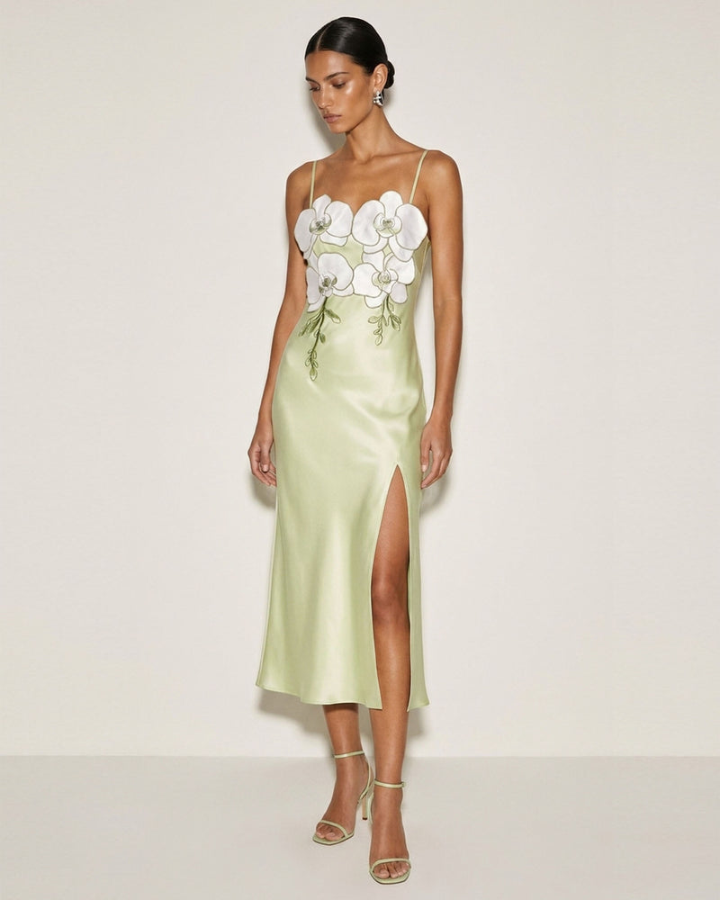 Orchid Embellished Slit Slip Dress - Light Green