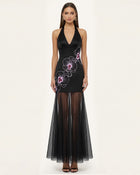 Orchid Embroidered Sheer Hem Halter Maxi Dress -  Black Purple