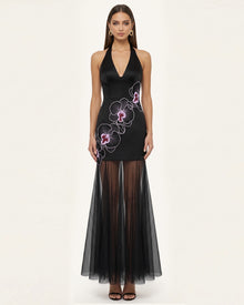 Orchid Embroidered Sheer Hem Halter Maxi Dress -  Black Purple