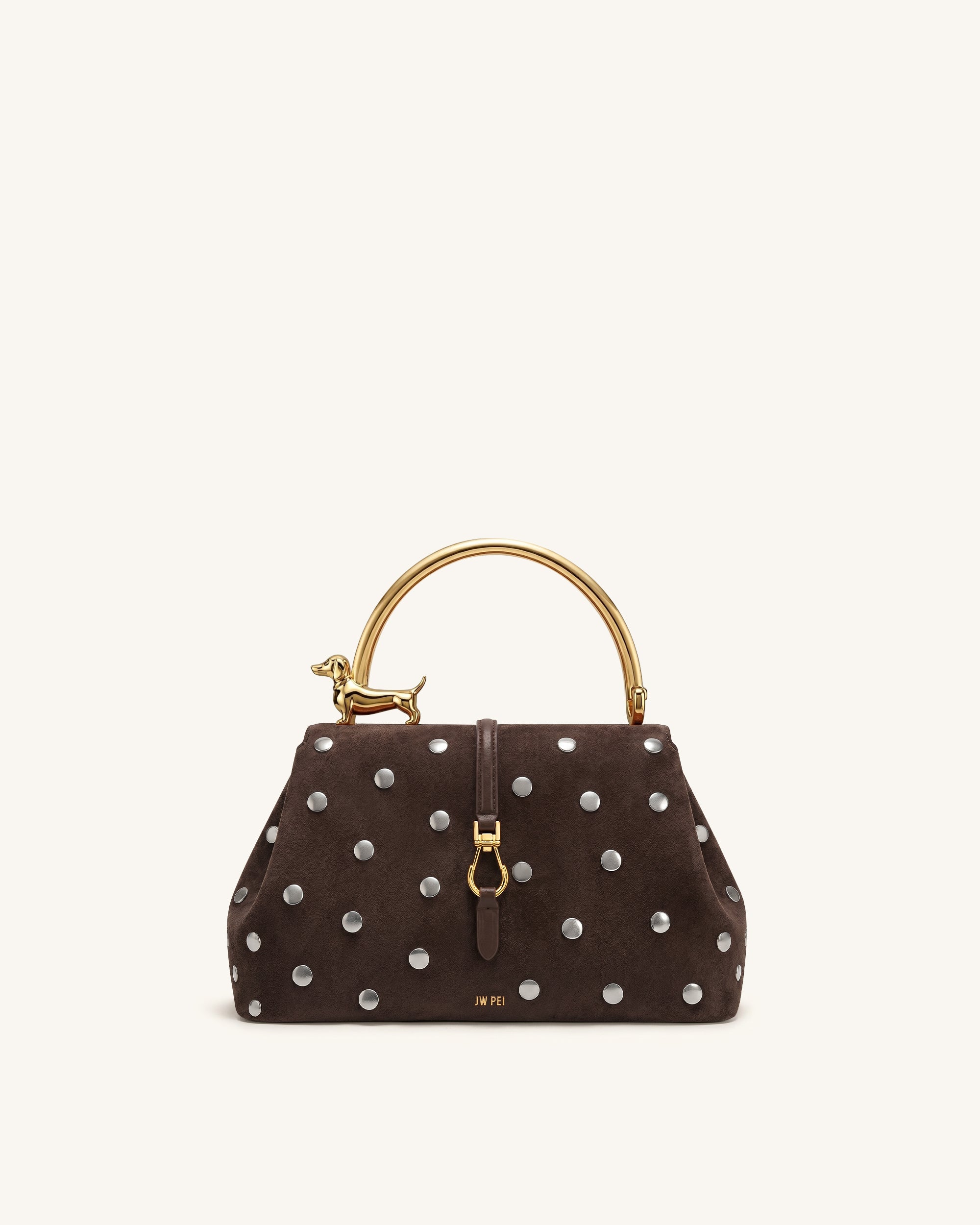 Bruna Faux Suede Studded Dachshund Metal Top Handle Bag - Brown