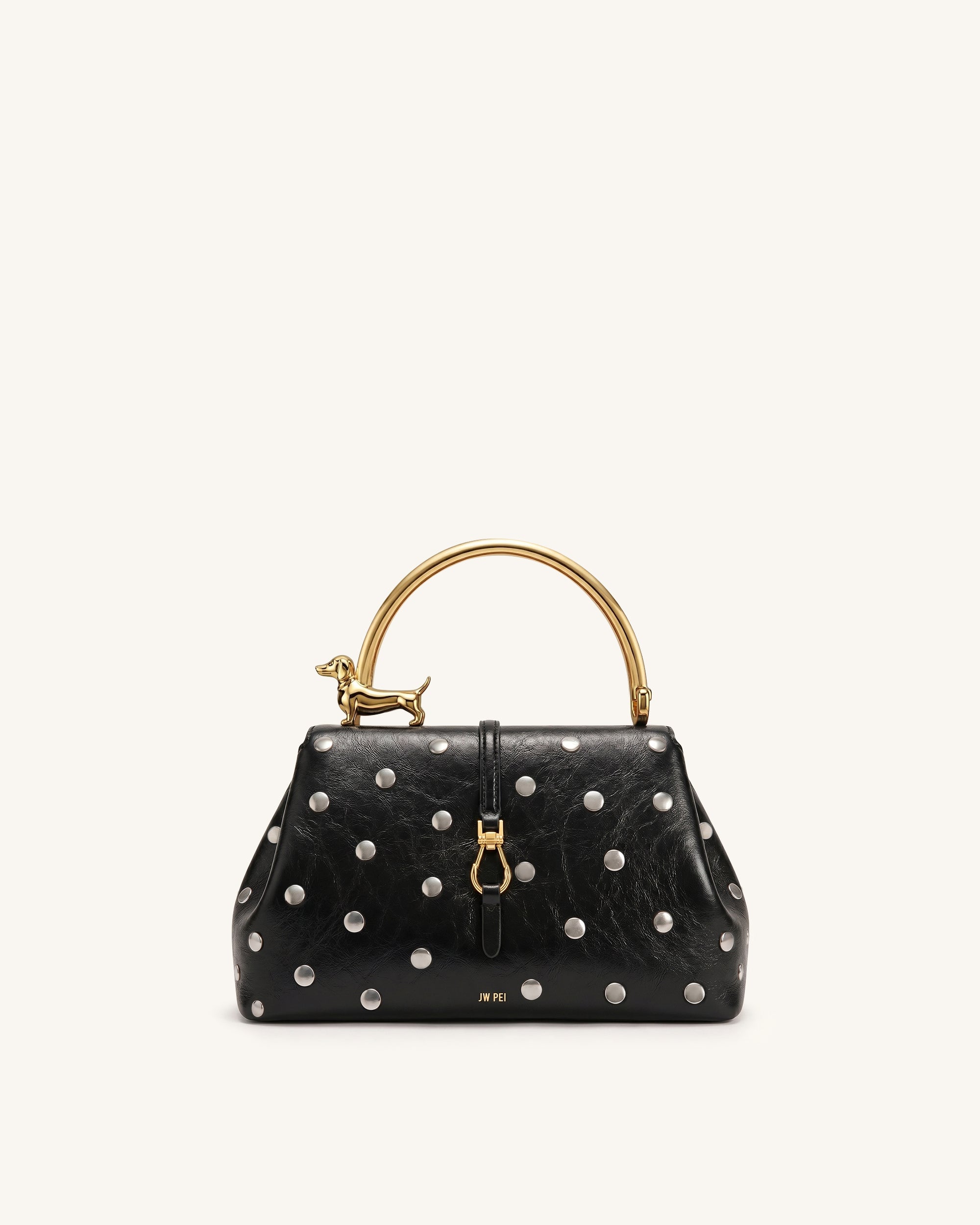 Bruna Studded Dachshund Metal Handle Top Handle Bag - Charcoal Black