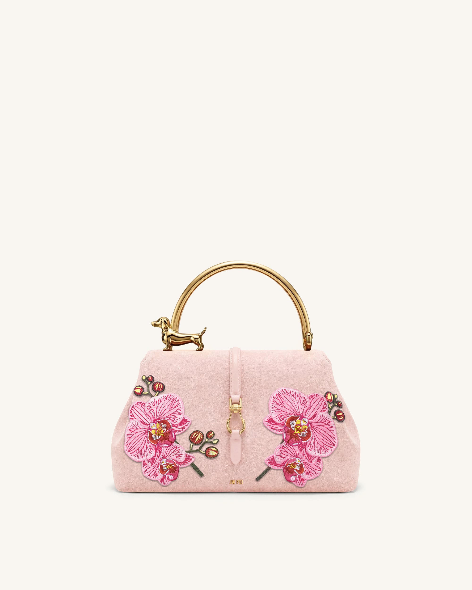 Bruna Faux Suede Embroidered Dachshund Metal Top Handle Bag - Pink
