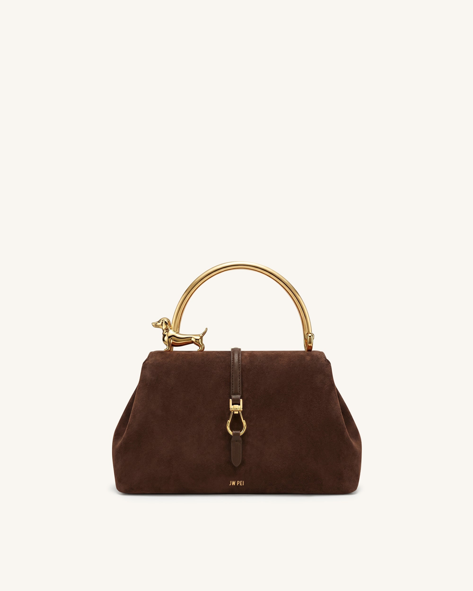 Bruna Faux Suede Dachshund Metal Top Handle Bag - Sandalwood Brown