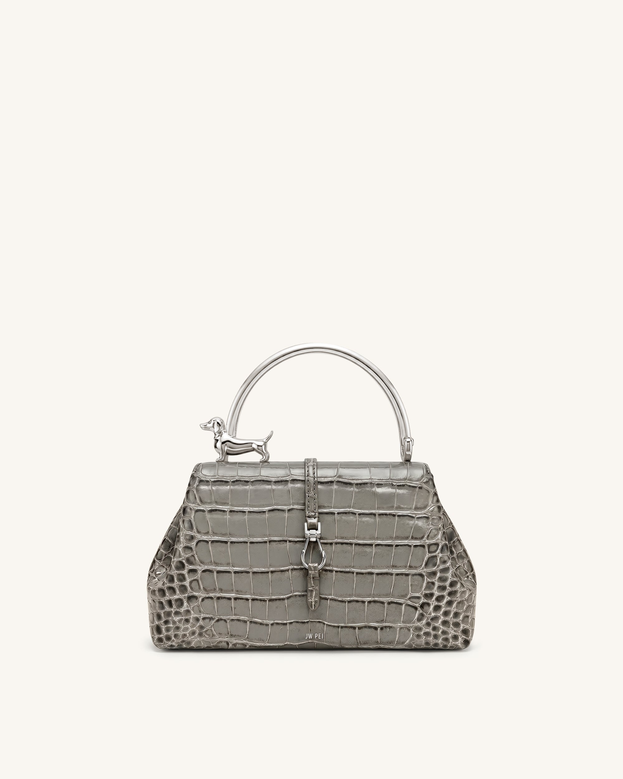 Bruna Dachshund Metal Handle Top Handle Bag - Light Grey Croc