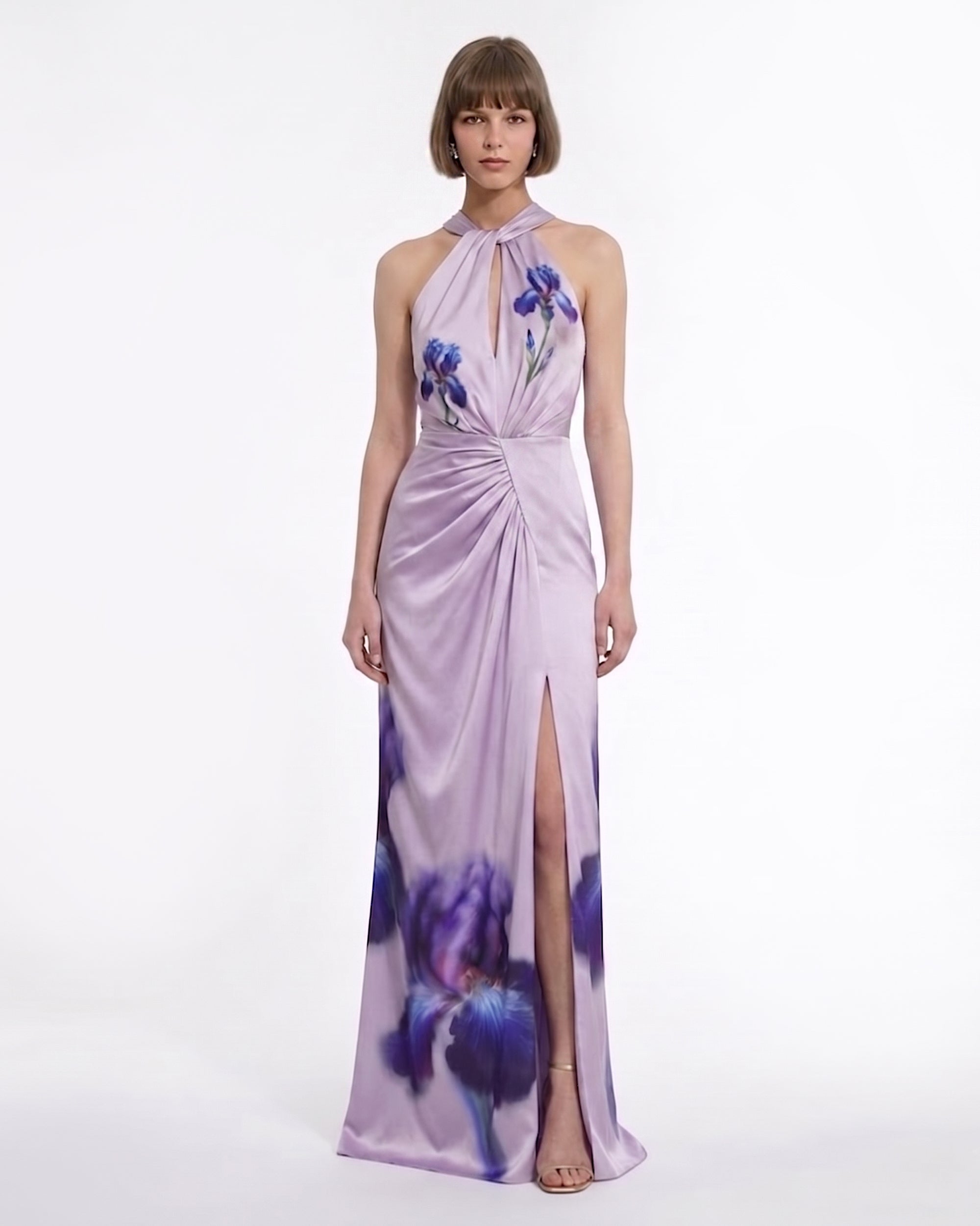 Floral Print Halter Draped Maxi Dress - Lavender