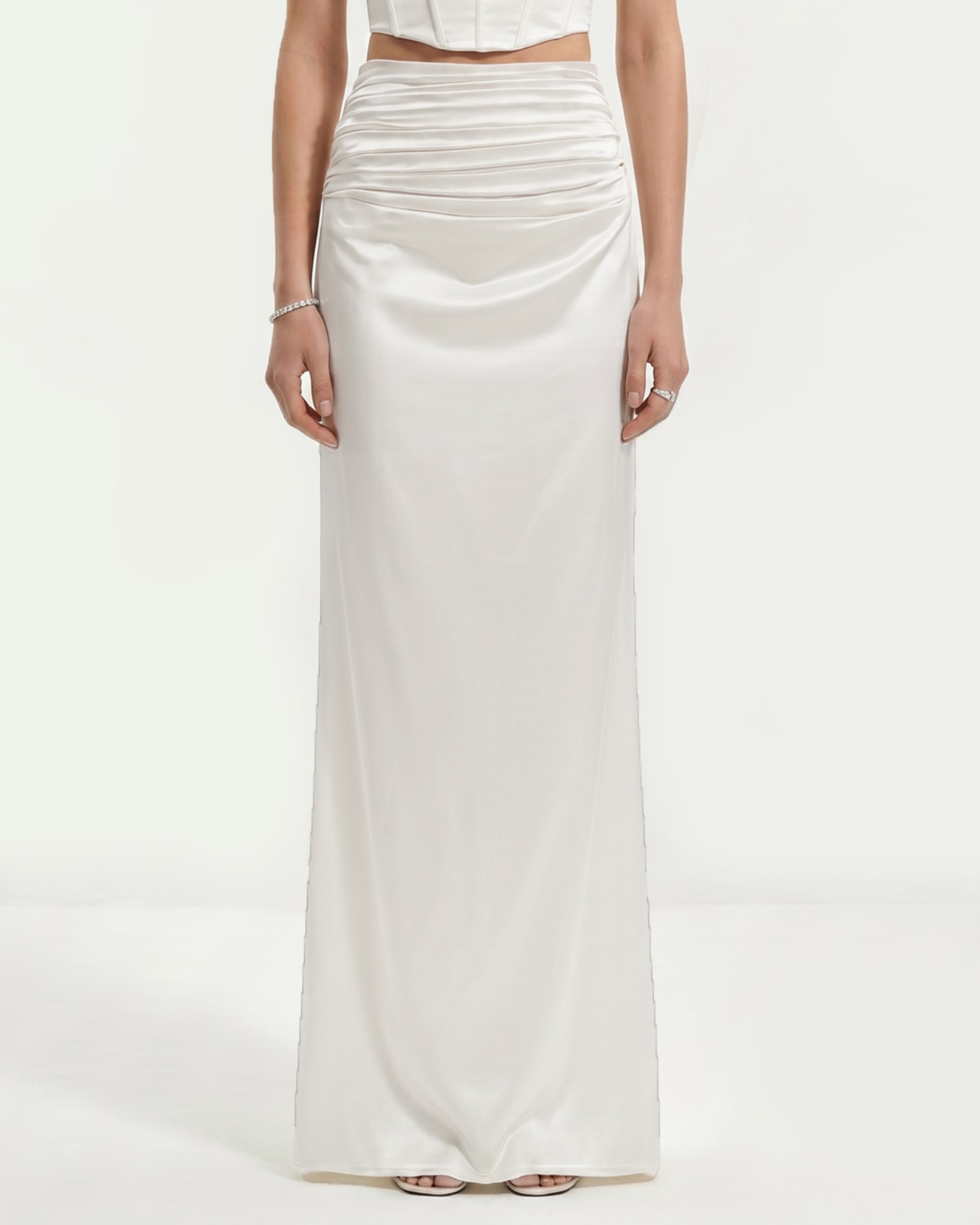 Satin High-Waist Ruched Maxi Skirt - White
