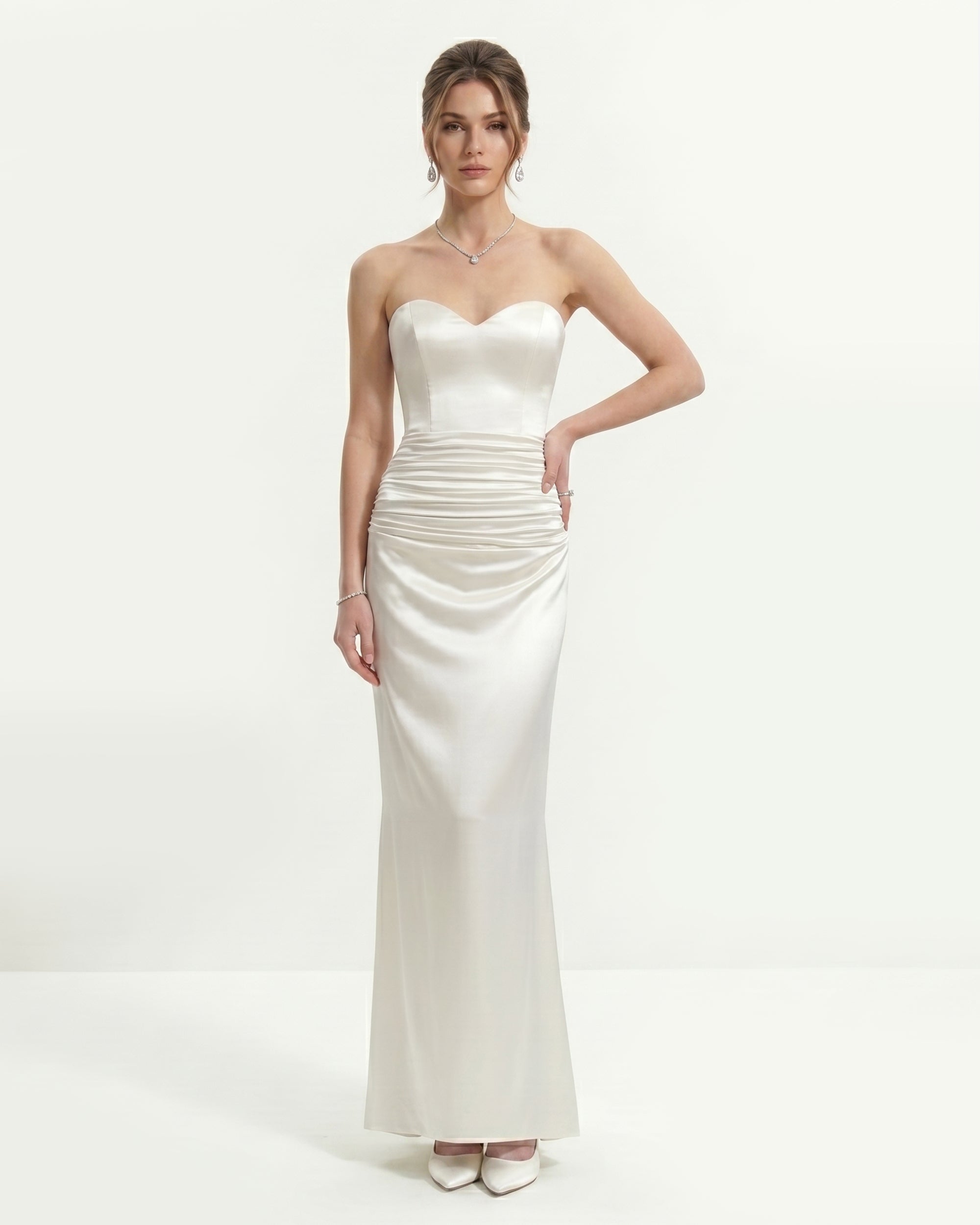 Satin Strapless Ruched Maxi Gown - White
